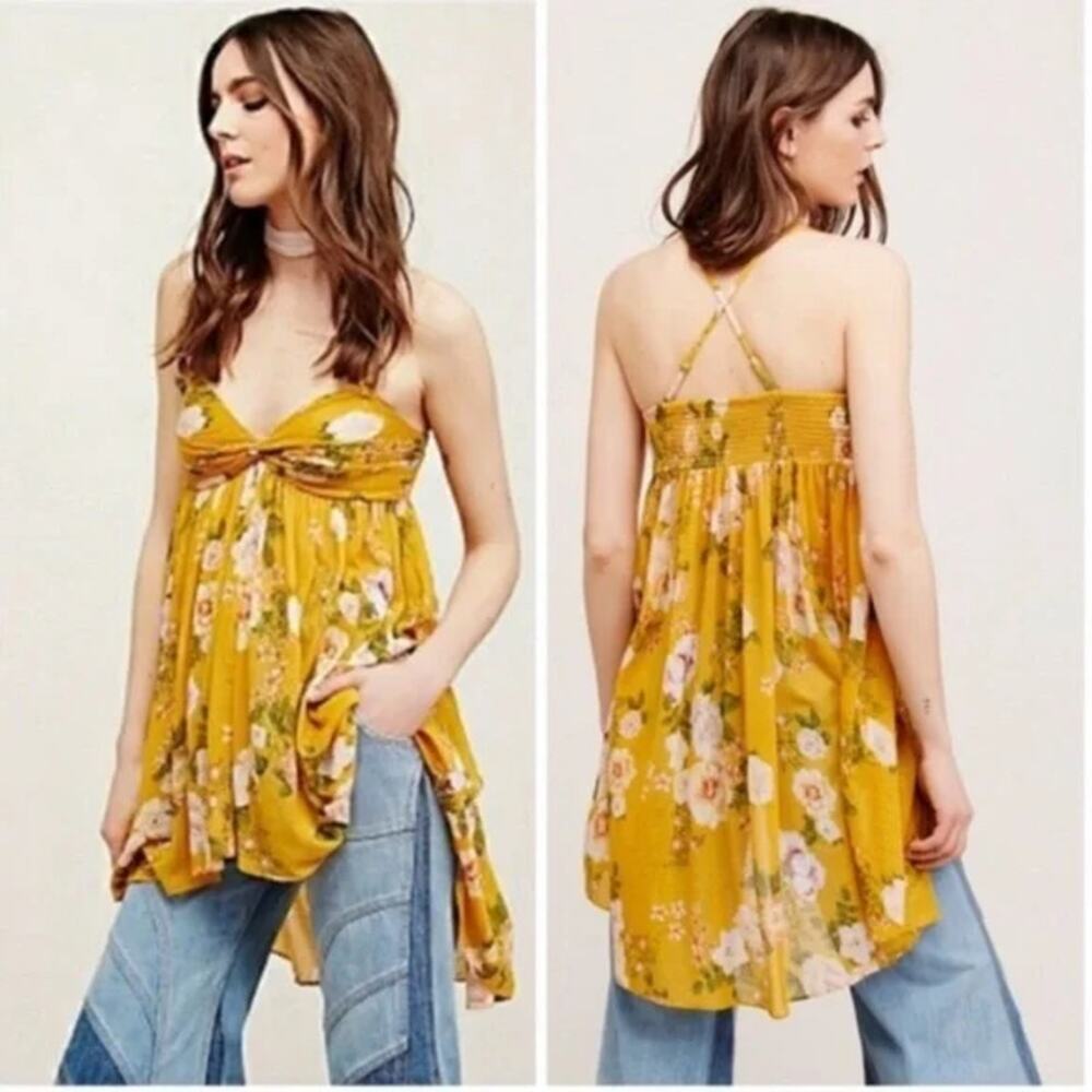 FREE PEOPLE Mirage Convertible Tunic Tank Top Dress Hi Low Yellow Floral Boho